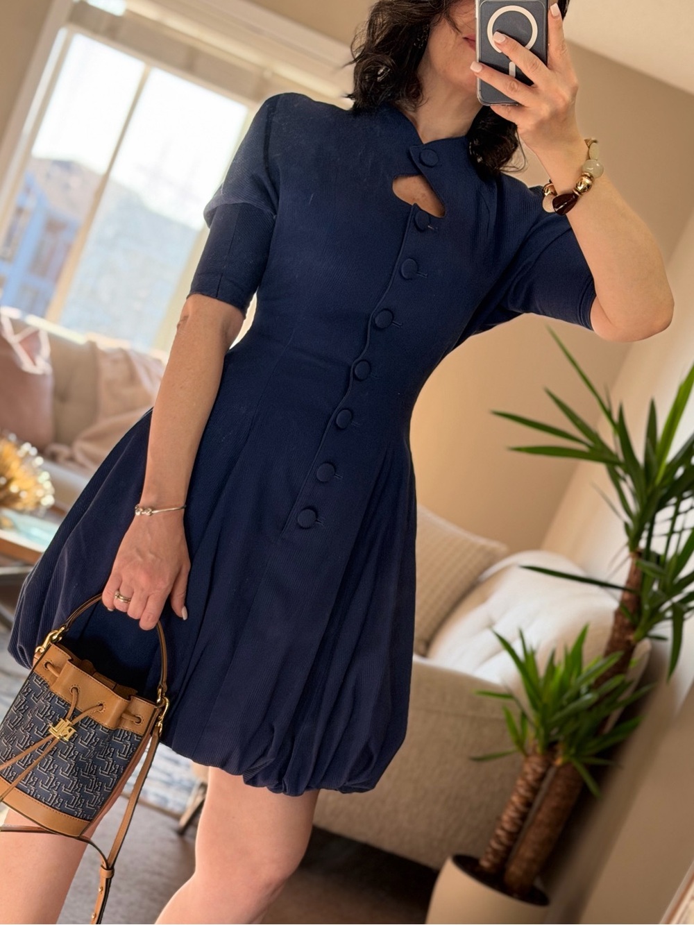 La Peche Vintage Navy Wool Bubble Hem Dress Sz M Japan Cupro Lined Keyhole